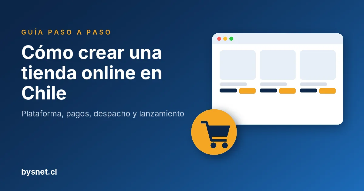 Guía paso a paso para crear una tienda online en Chile, con ilustración de una tienda web y un carro de compras